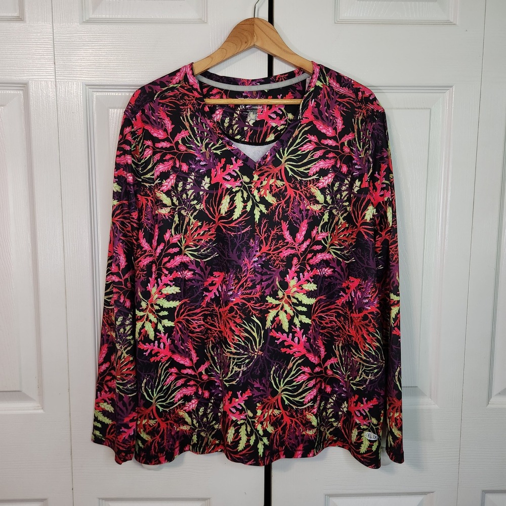 Reel Legends Freeline Womens 1X Performance Shirt Coral Print V-Neck Long Sleeve